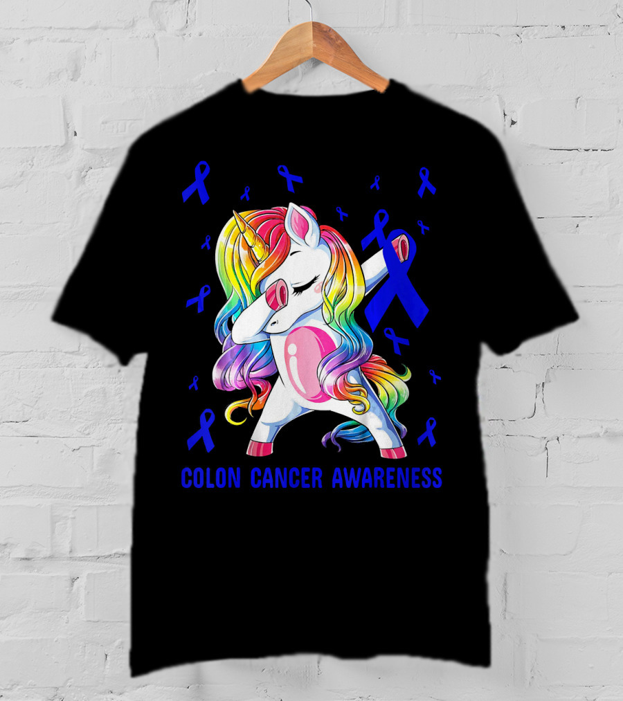 Colon Cancer Awareness Unicorn Dabbing With Blue Ribbons T-Shirt