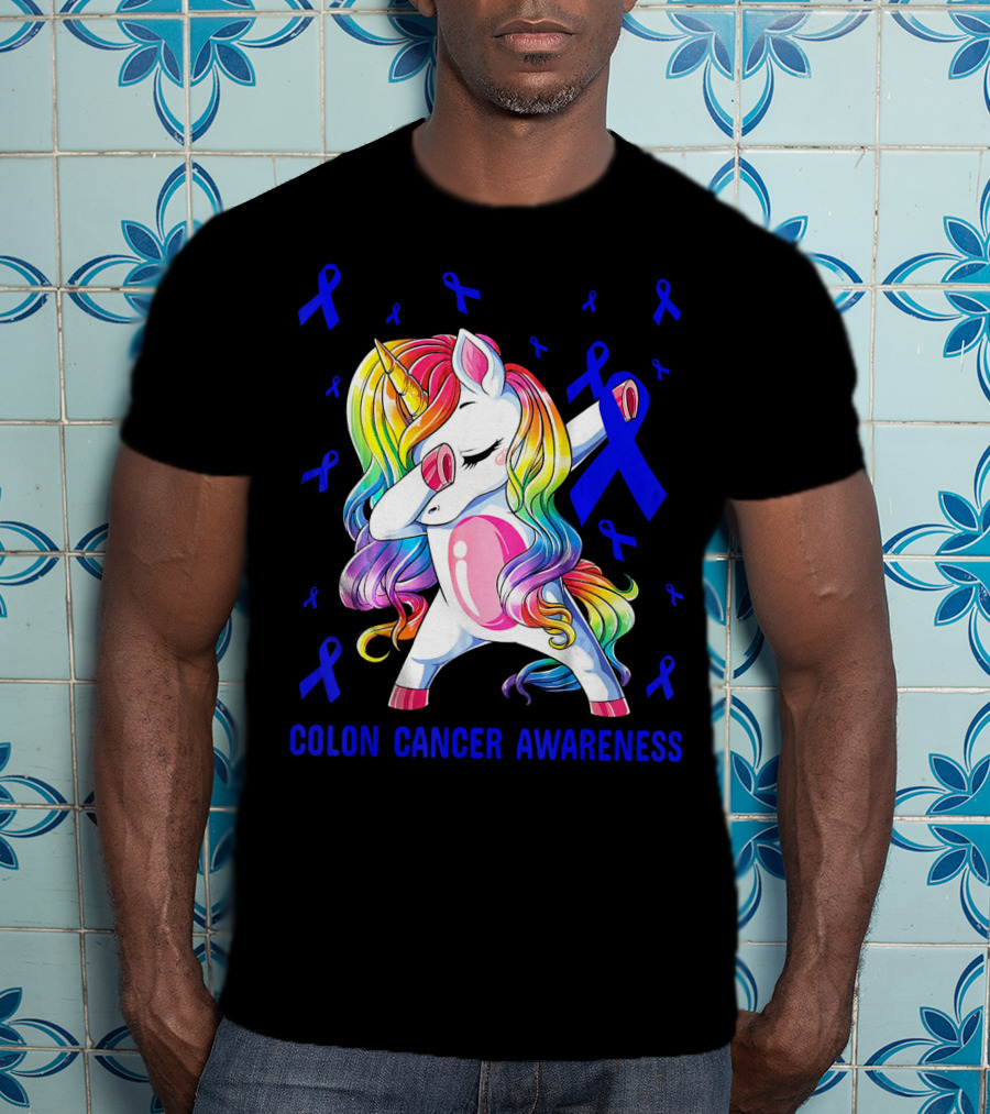 Colon Cancer Awareness Unicorn Dabbing With Blue Ribbons T-Shirt
