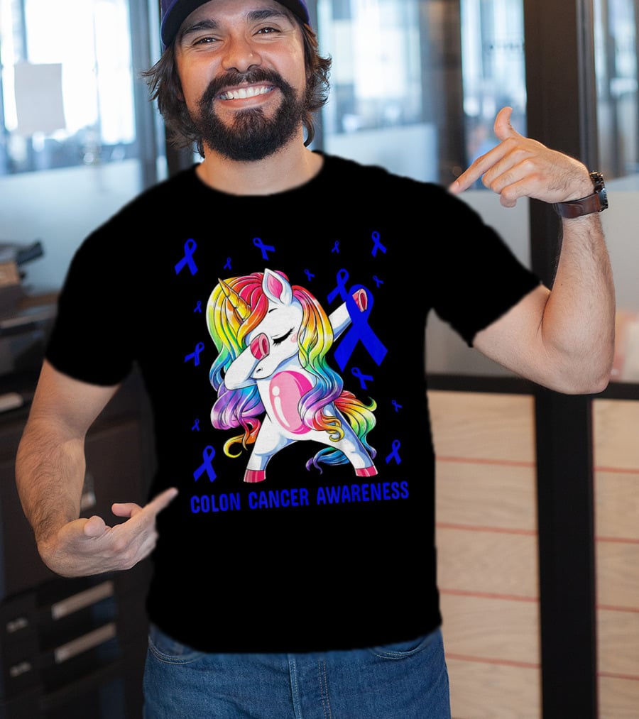 Colon Cancer Awareness Unicorn Dabbing With Blue Ribbons T-Shirt