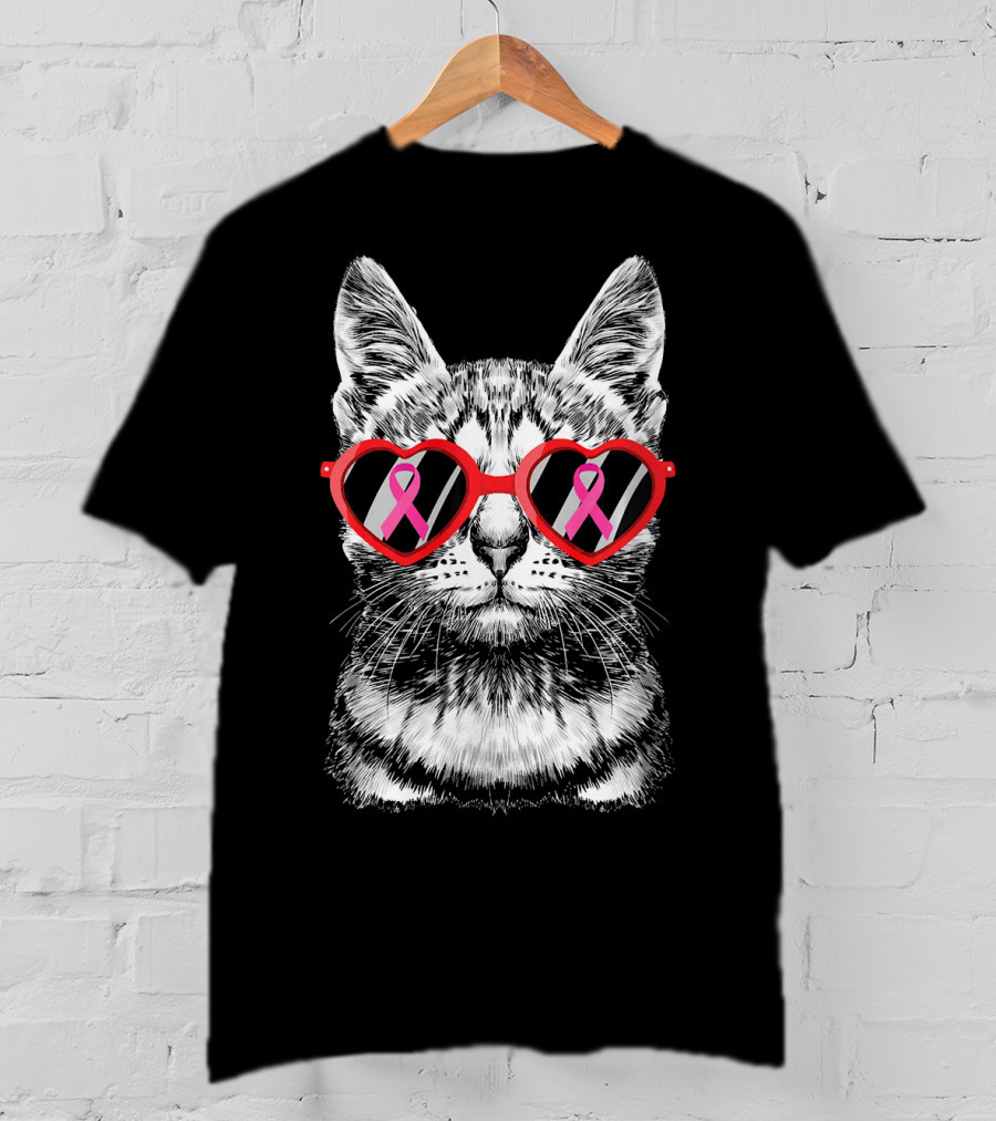 Breast Cancer Awareness Pink Ribbon Cat Heart Glasses Costume T-Shirt
