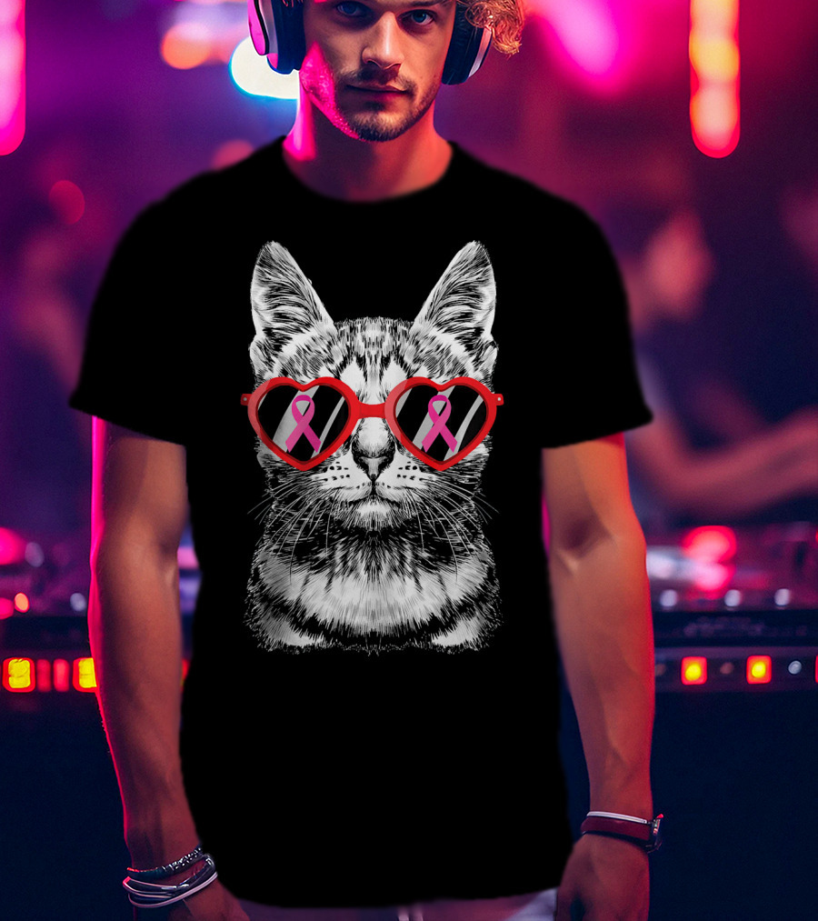 Breast Cancer Awareness Pink Ribbon Cat Heart Glasses Costume T-Shirt