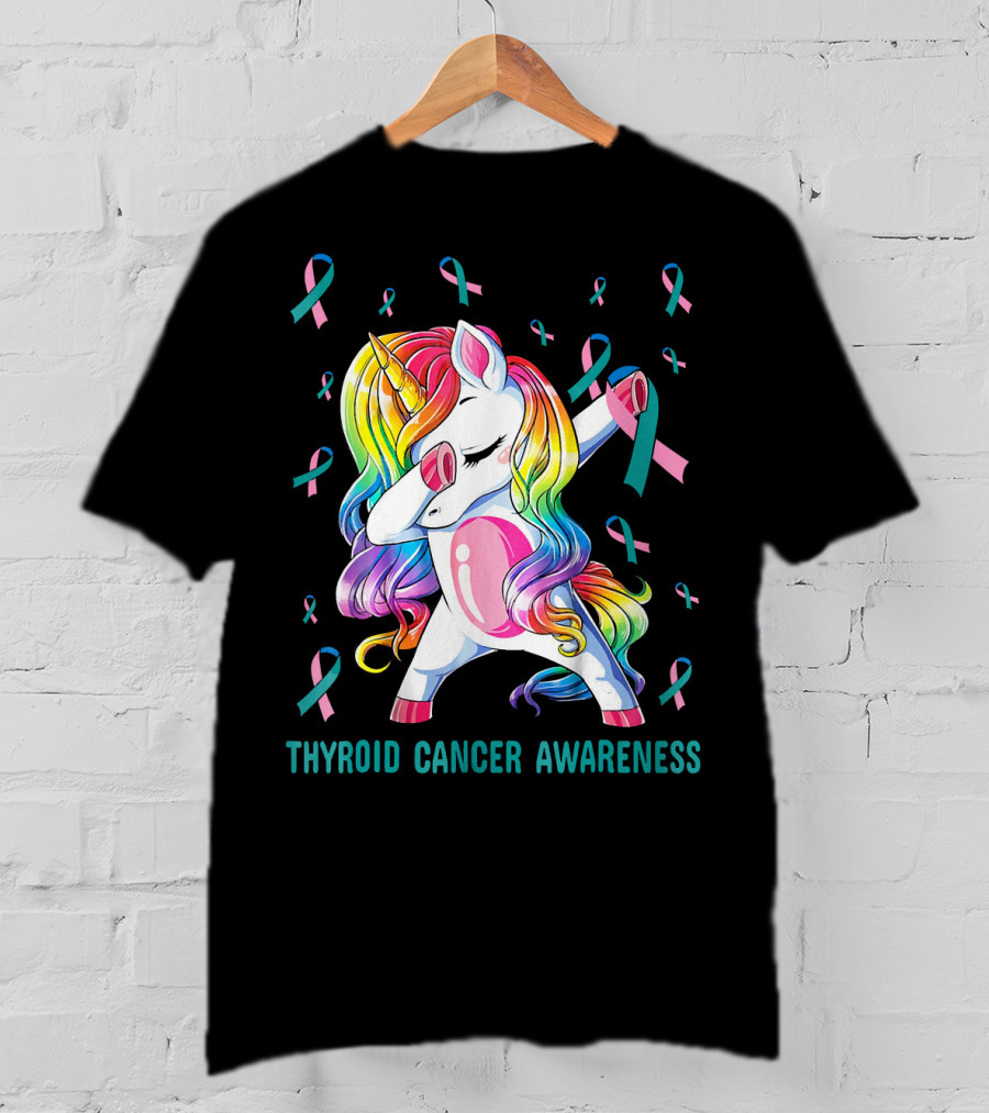 Dabbing Unicorn Rainbow Thyroid Cancer Awareness T-Shirt