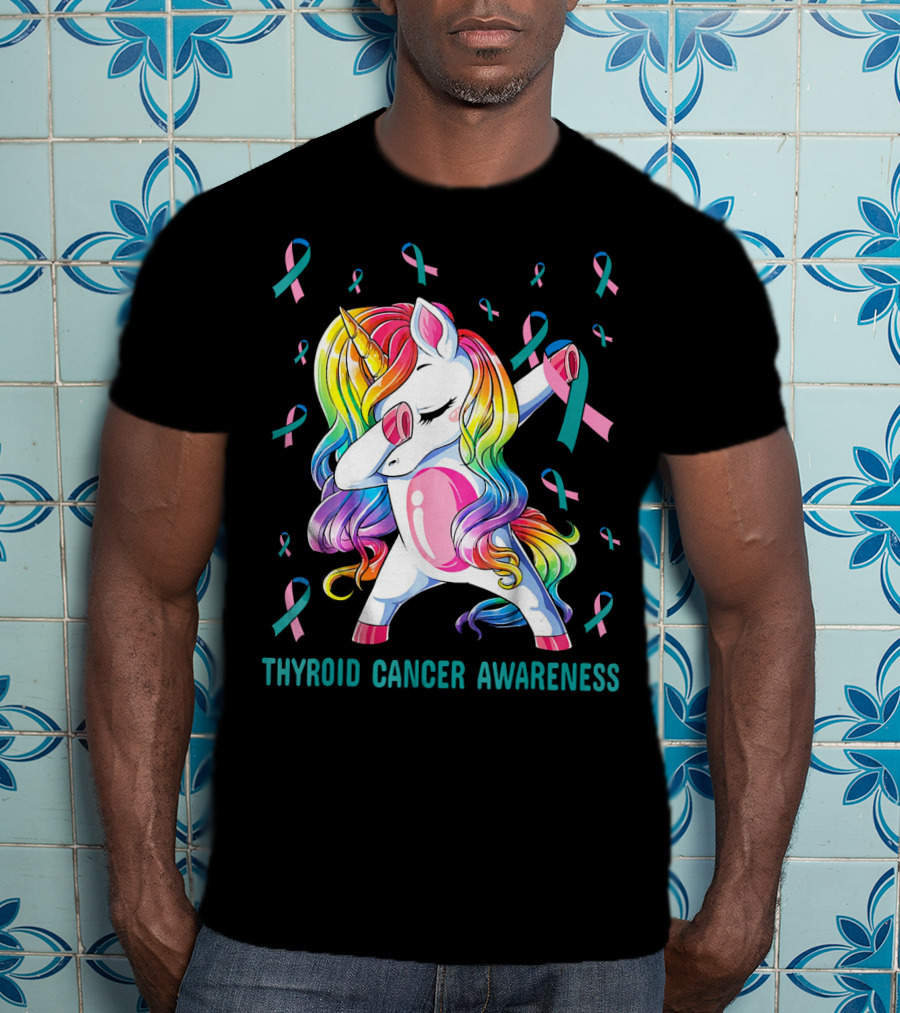 Dabbing Unicorn Rainbow Thyroid Cancer Awareness T-Shirt
