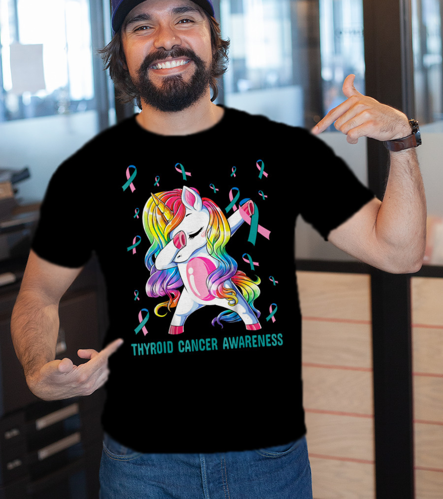 Dabbing Unicorn Rainbow Thyroid Cancer Awareness T-Shirt