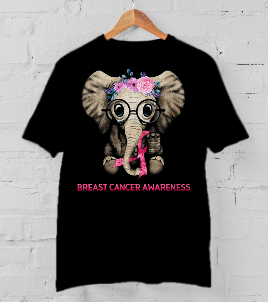 Flowers Hippie Elephant Breast Cancer Awareness T-Shirt