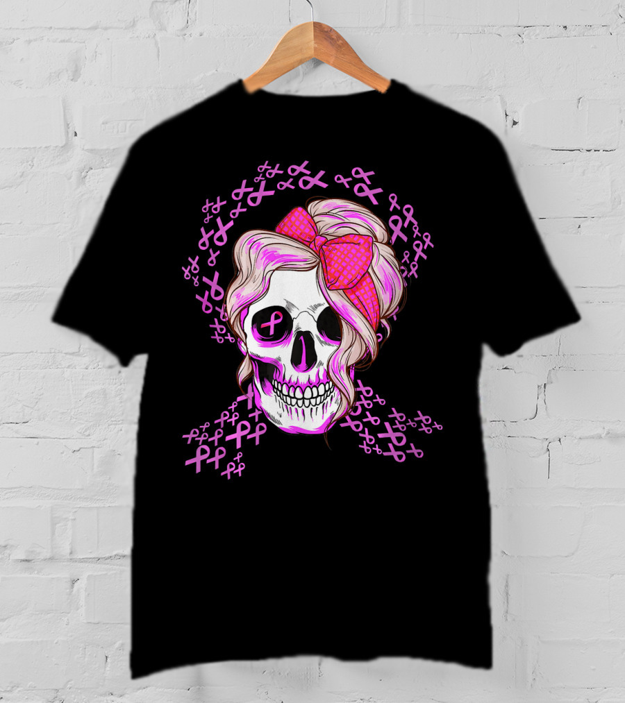 Sugar Skull Pink Ribbon Breast Cancer Awareness T-Shirt