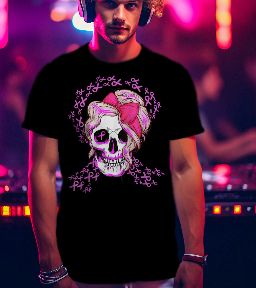Sugar Skull Pink Ribbon Breast Cancer Awareness T-Shirt