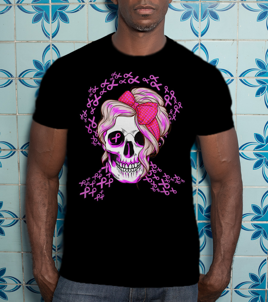 Sugar Skull Pink Ribbon Breast Cancer Awareness T-Shirt
