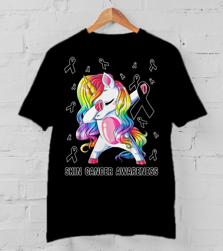 Skin Cancer Awareness Unicorn Dabbing With Ribbons T-Shirt