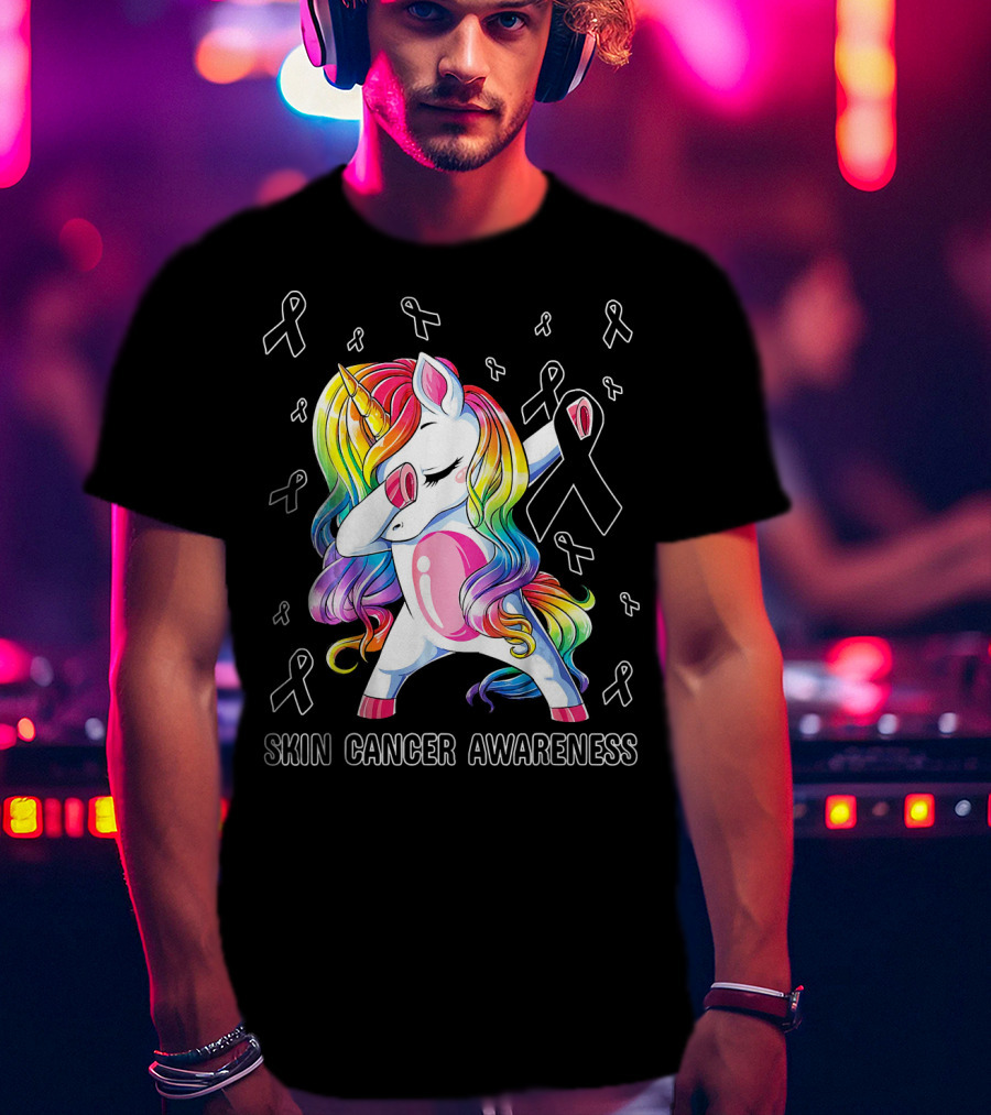 Skin Cancer Awareness Unicorn Dabbing With Ribbons T-Shirt