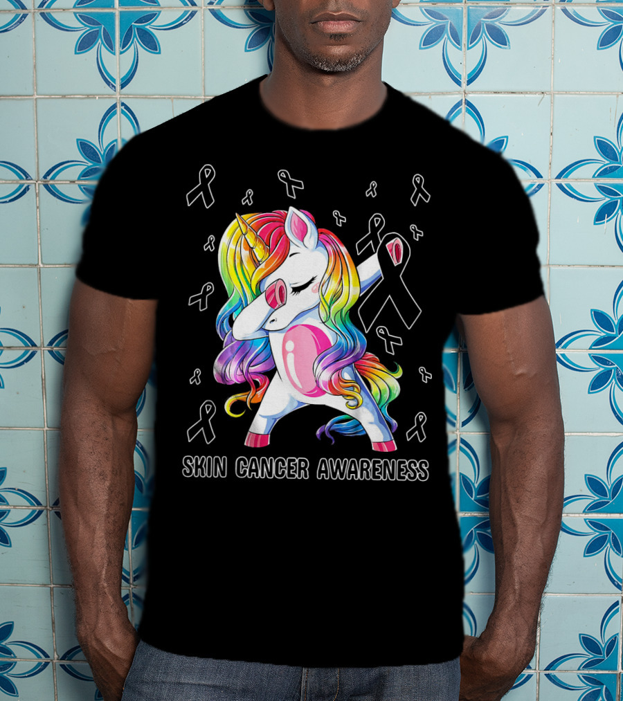 Skin Cancer Awareness Unicorn Dabbing With Ribbons T-Shirt
