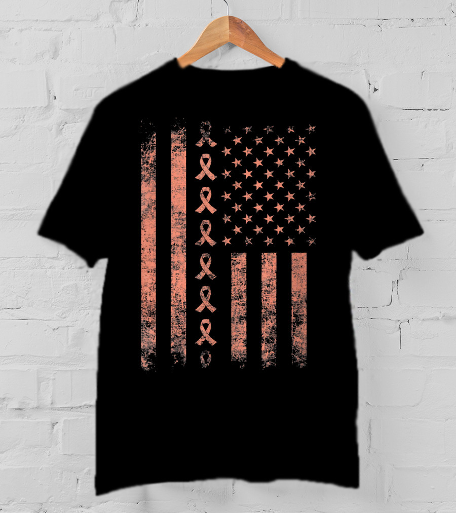Uterine Cancer Awareness Ribbon American Flag Peac T-Shirt