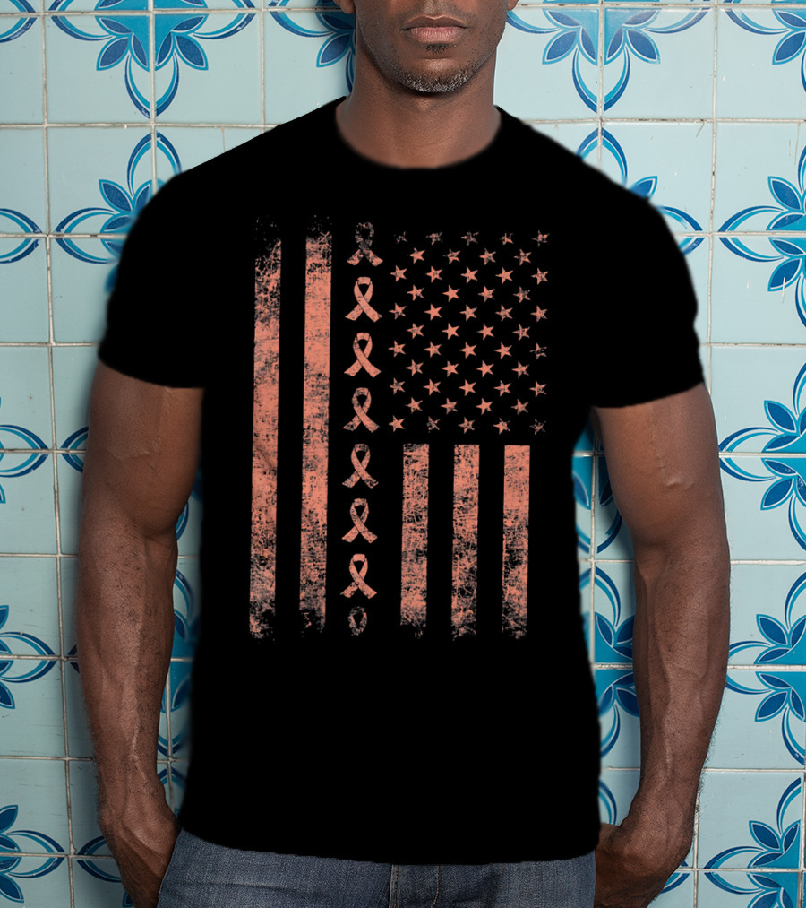 Uterine Cancer Awareness Ribbon American Flag Peac T-Shirt