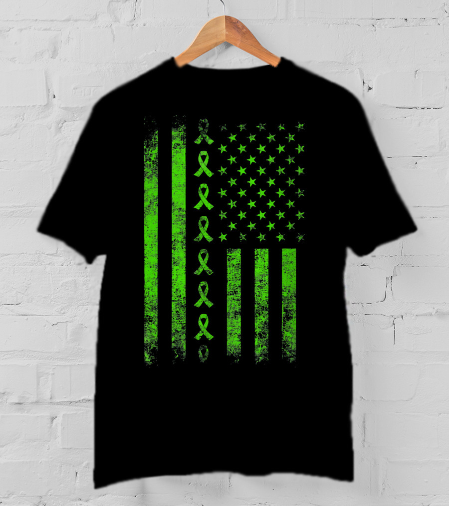 Lymphoma Cancer Awareness Lime Green Ribbon American Flag T-Shirt