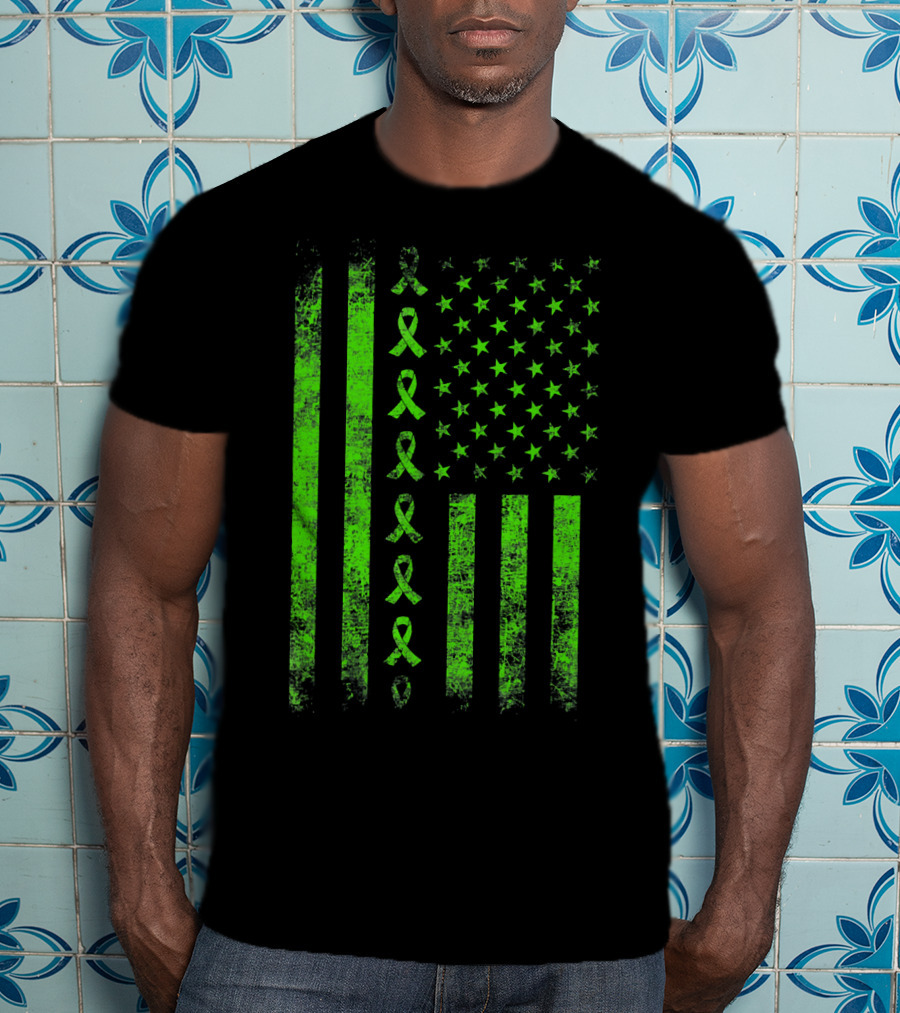 Lymphoma Cancer Awareness Lime Green Ribbon American Flag T-Shirt