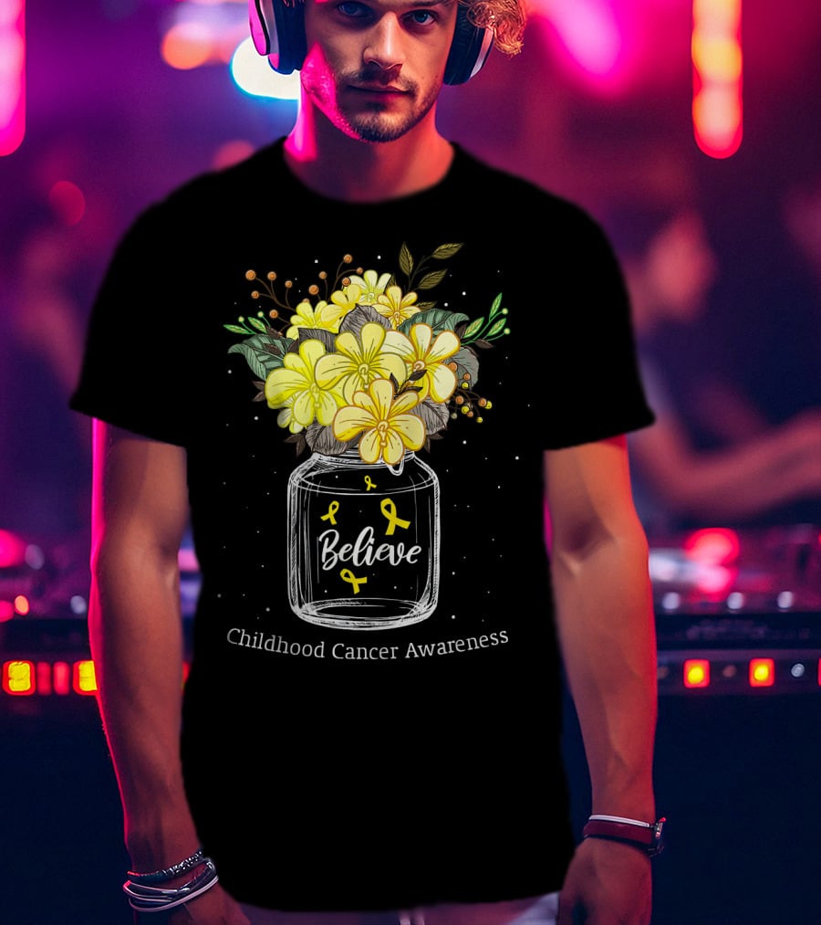 Believe Yellow Ribbon Childhood Cancer Awareness Flower Bouquet T-Shirt