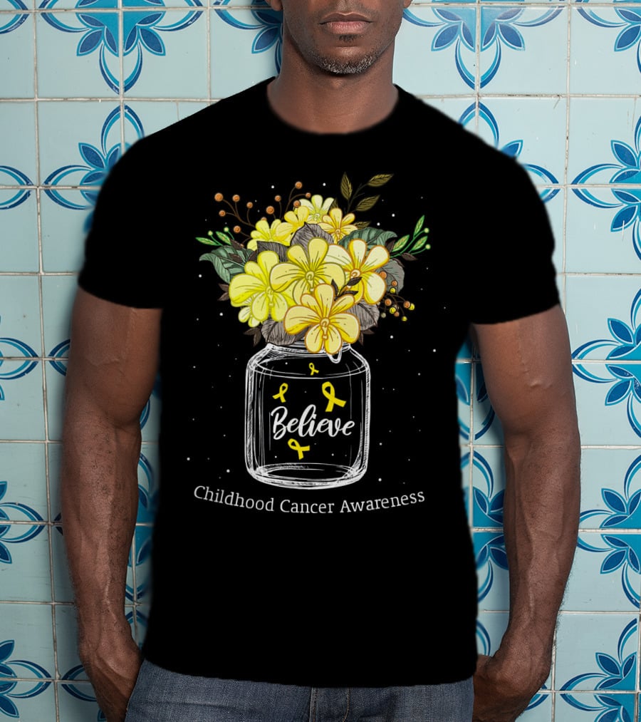 Believe Yellow Ribbon Childhood Cancer Awareness Flower Bouquet T-Shirt
