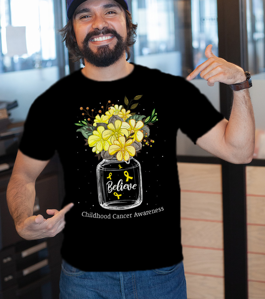 Believe Yellow Ribbon Childhood Cancer Awareness Flower Bouquet T-Shirt