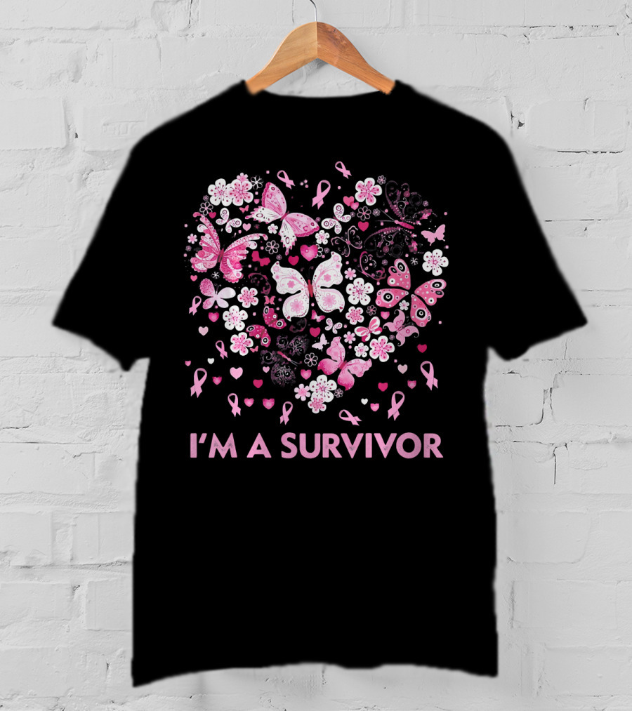 I'm A Survivor Heart Pink Ribbon Butterfly Flowers T-Shirt
