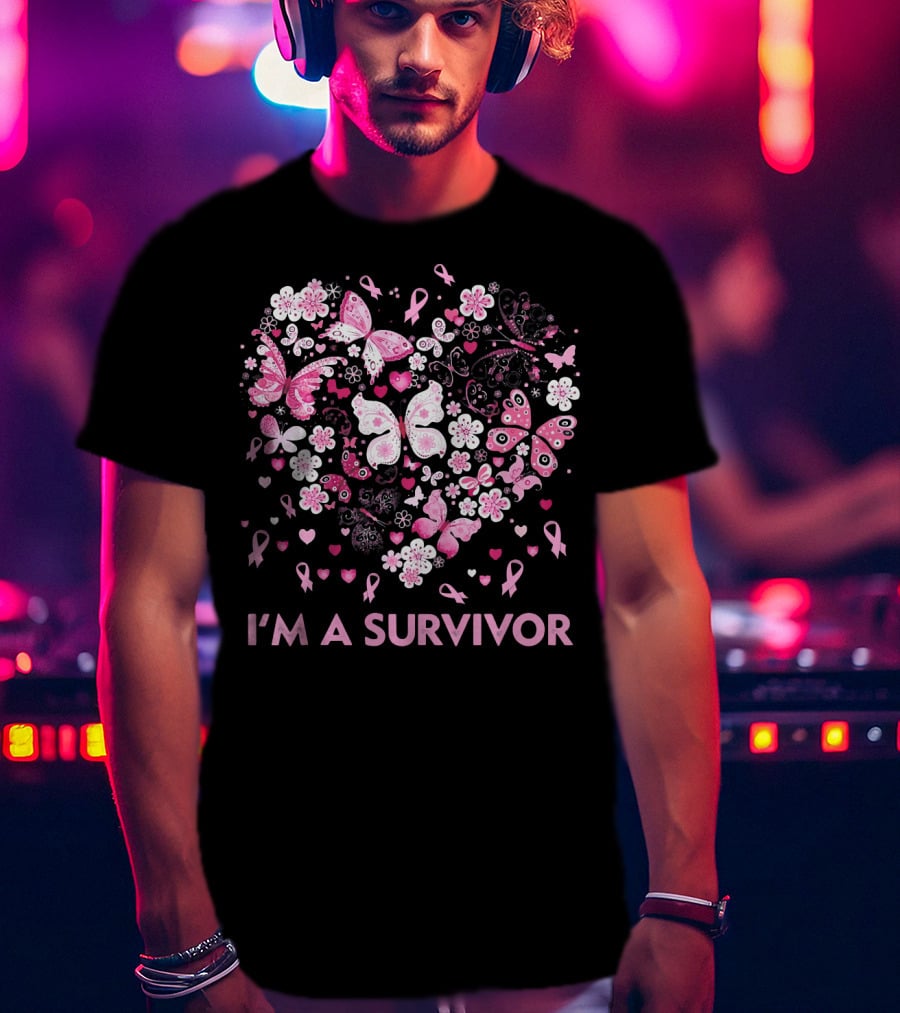 I'm A Survivor Heart Pink Ribbon Butterfly Flowers T-Shirt