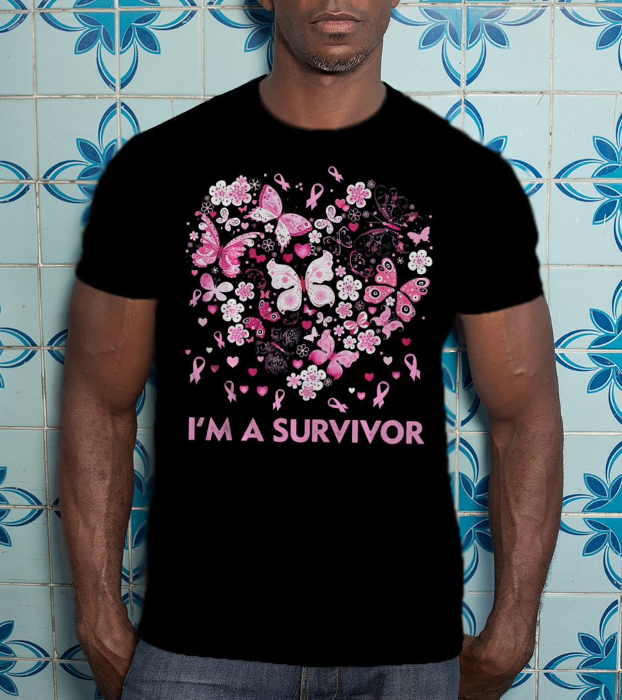 I'm A Survivor Heart Pink Ribbon Butterfly Flowers T-Shirt