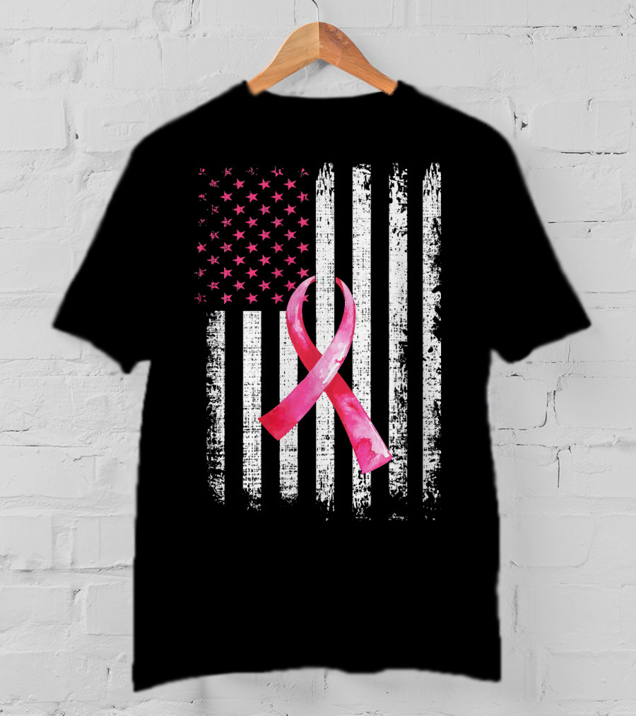 Breast Cancer Awareness Pink Ribbon American Flag Fight T-Shirt