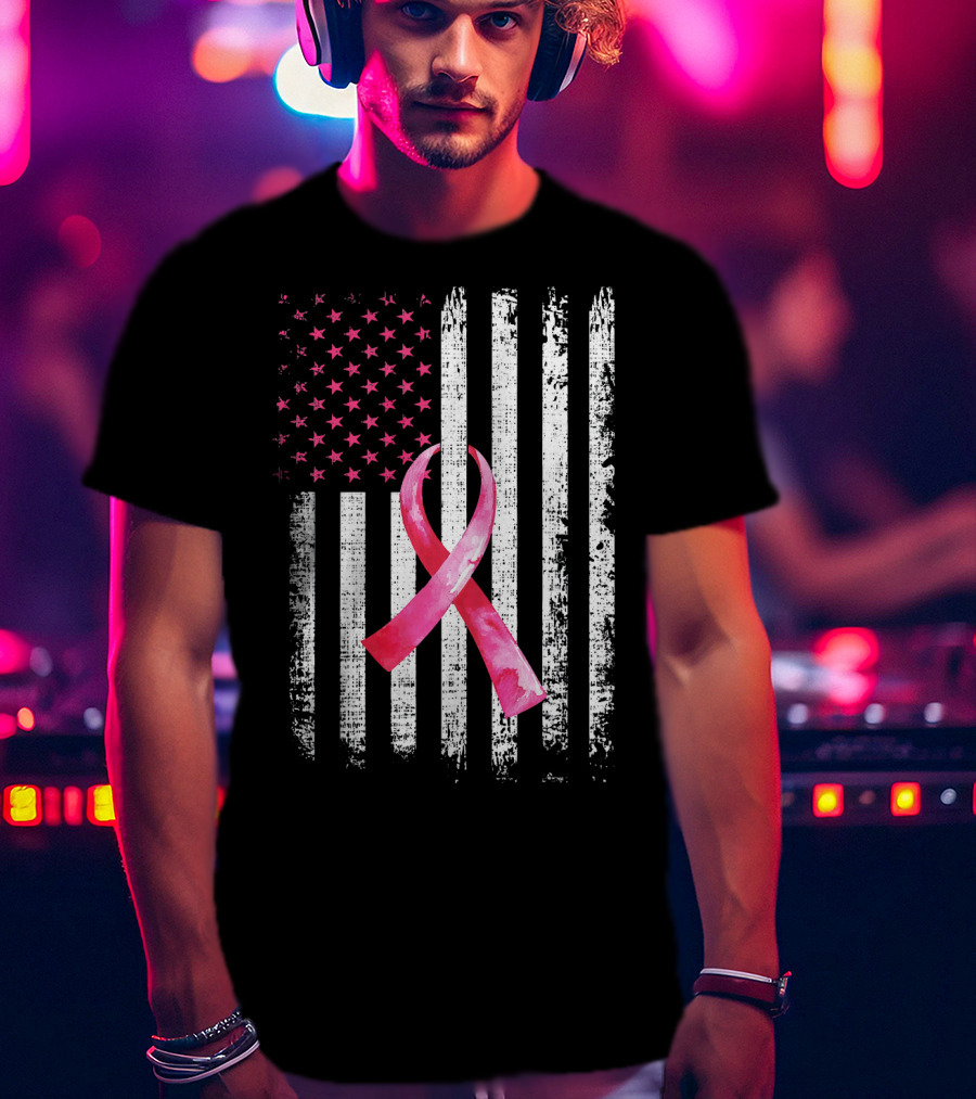Breast Cancer Awareness Pink Ribbon American Flag Fight T-Shirt