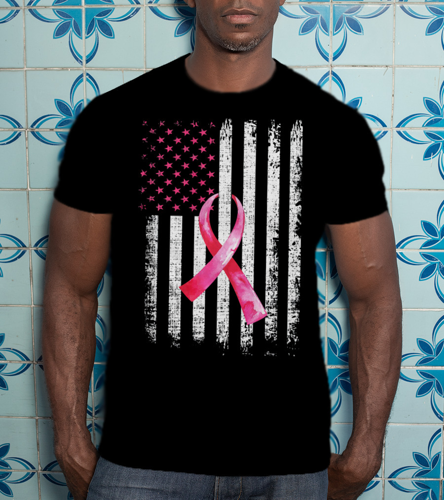 Breast Cancer Awareness Pink Ribbon American Flag Fight T-Shirt