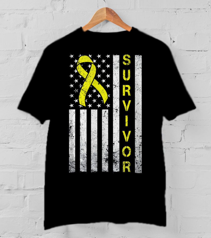 Survivor Yellow Ribbon USA Flag Childhood Cancer Awareness T-Shirt