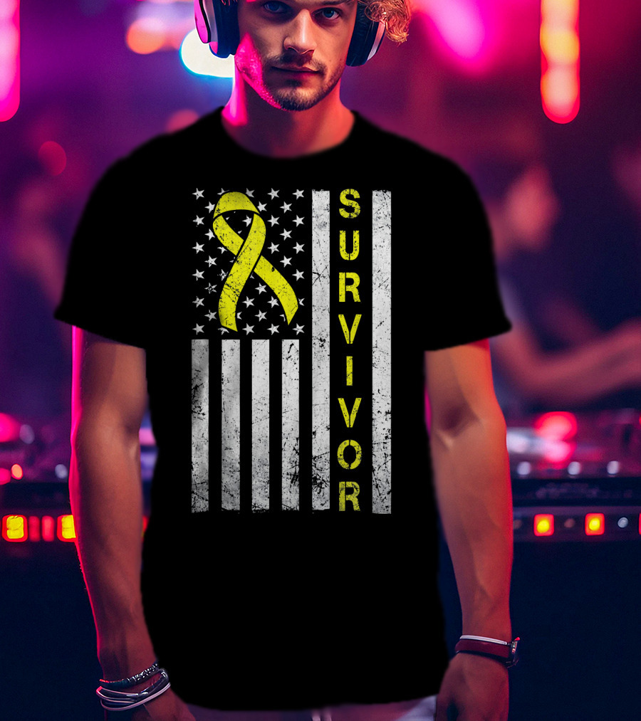 Survivor Yellow Ribbon USA Flag Childhood Cancer Awareness T-Shirt