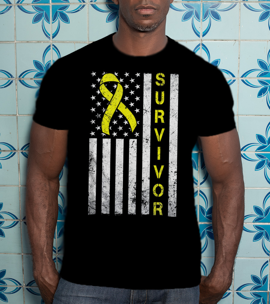 Survivor Yellow Ribbon USA Flag Childhood Cancer Awareness T-Shirt