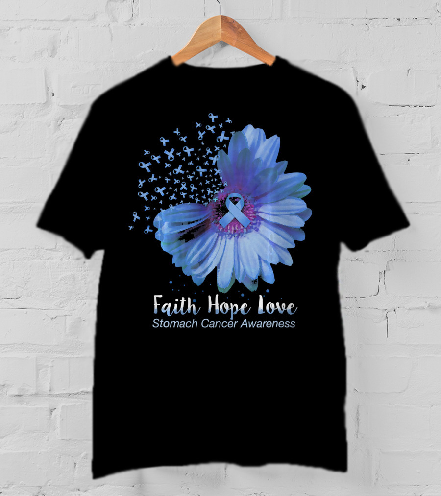 Faith Hope Love Stomach Cancer Awareness Blue Flower T-Shirt