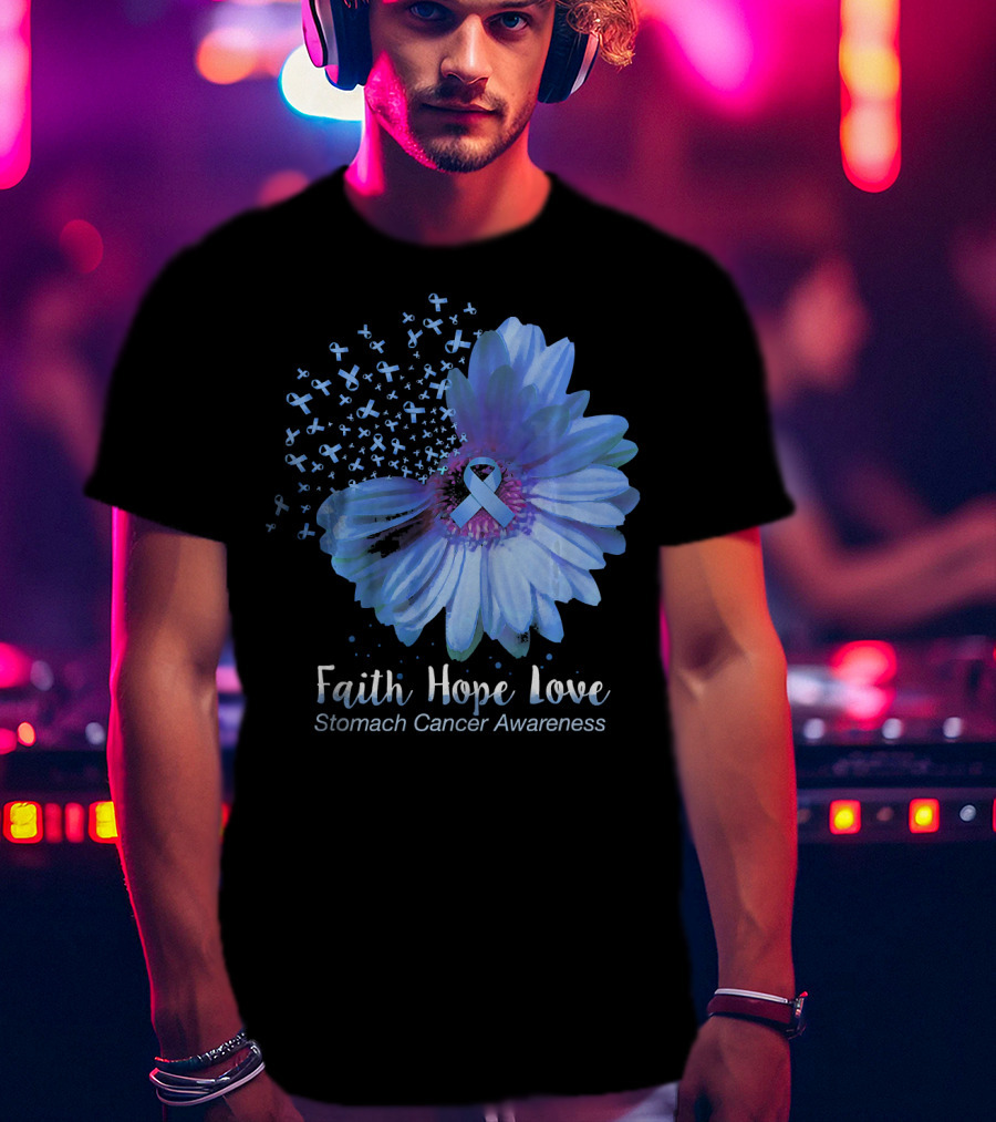 Faith Hope Love Stomach Cancer Awareness Blue Flower T-Shirt