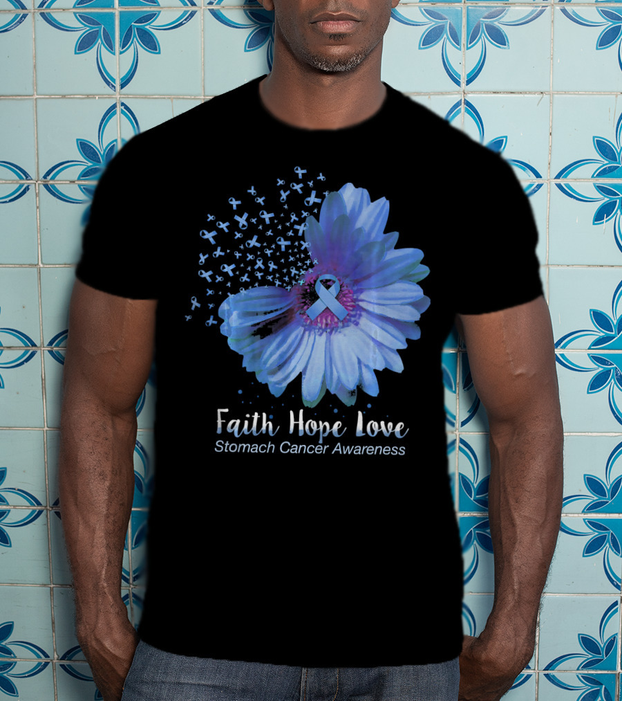 Faith Hope Love Stomach Cancer Awareness Blue Flower T-Shirt