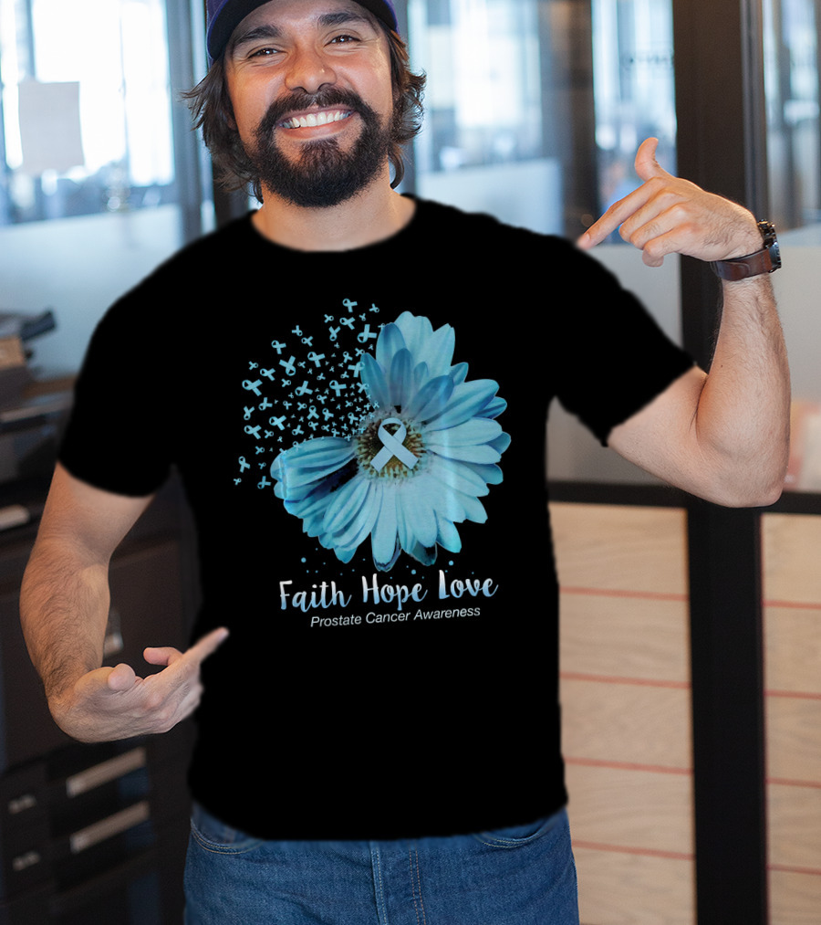 Faith Hope Love Prostate Cancer Awareness Blue Ribbon Flower T-Shirt