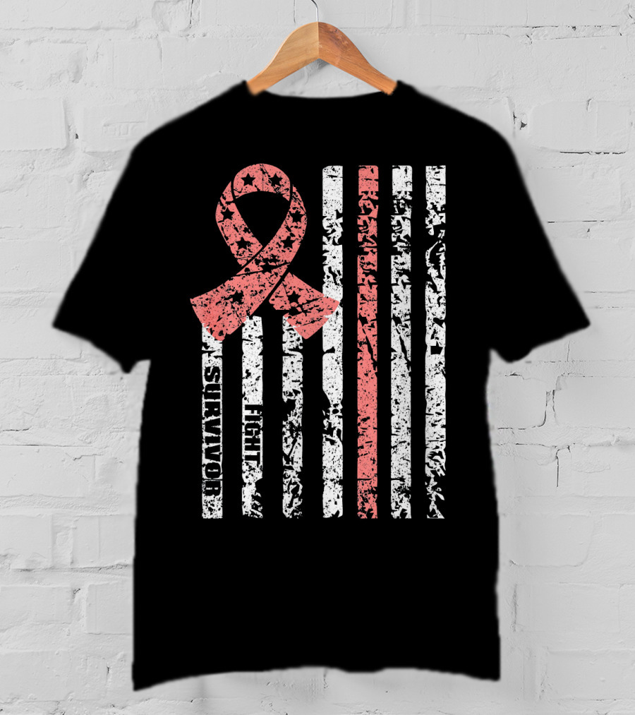 Cool Uterine Cancer Awareness Survivor Fight Ribbon Flag T-Shirt