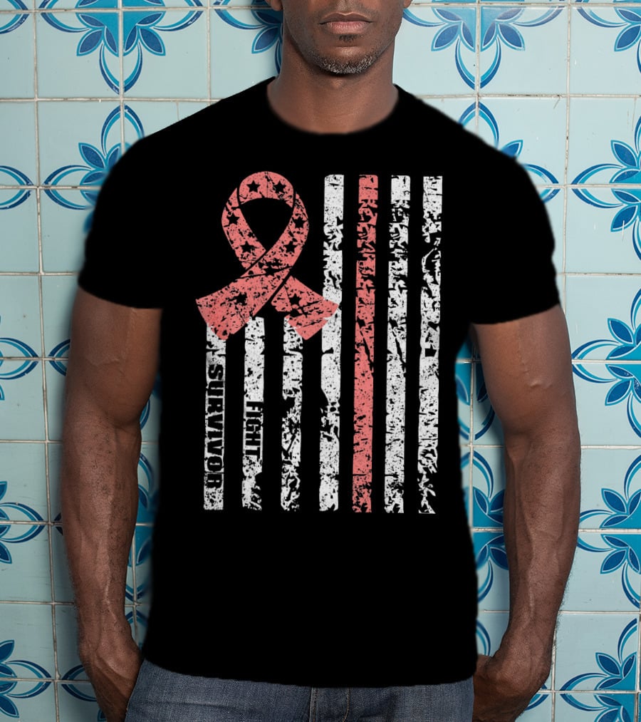 Cool Uterine Cancer Awareness Survivor Fight Ribbon Flag T-Shirt