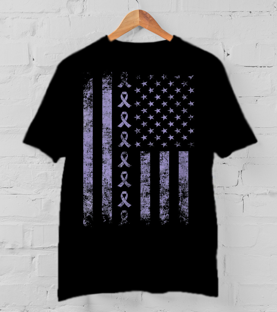 Orchid Testicular Cancer Awareness Purple Ribbon US Flag T-Shirt