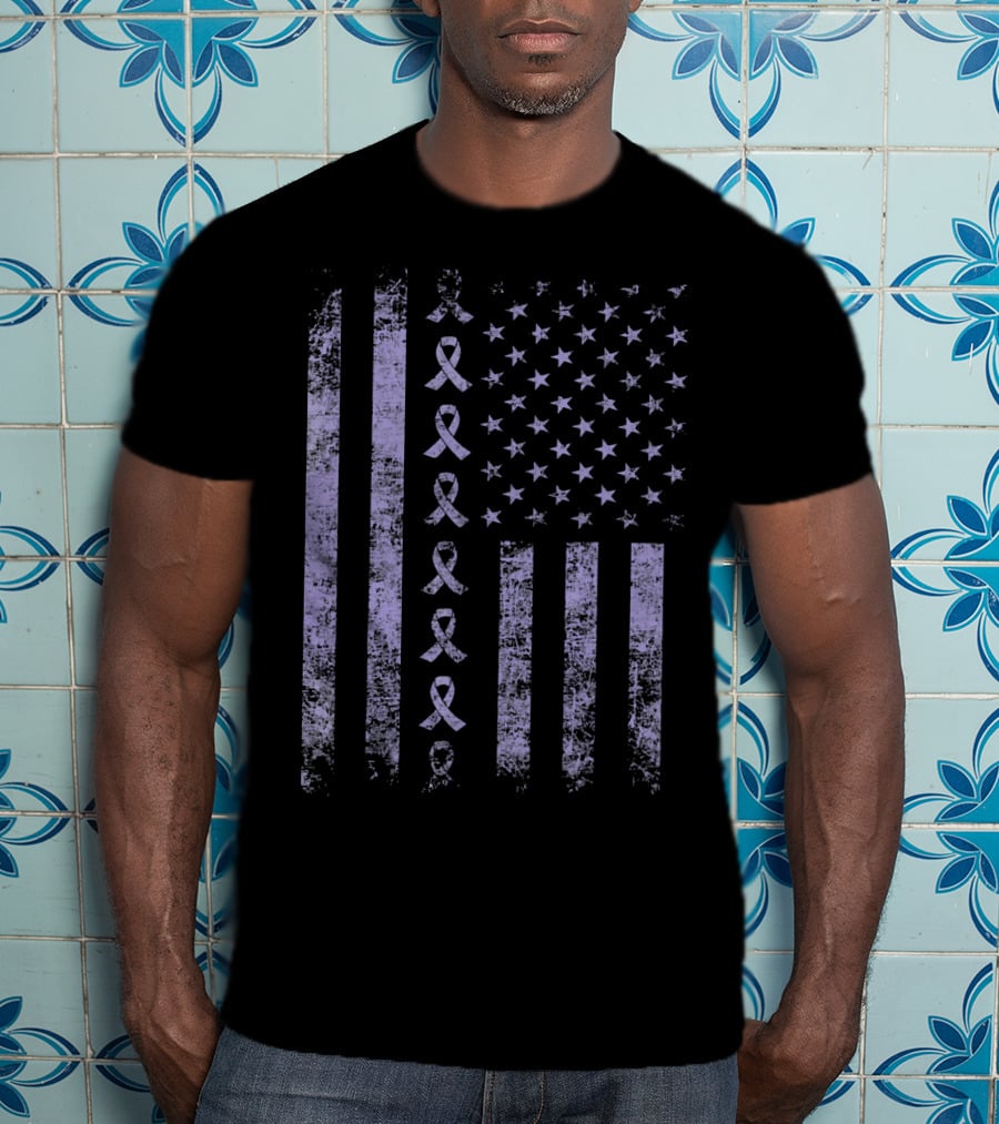 Orchid Testicular Cancer Awareness Purple Ribbon US Flag T-Shirt