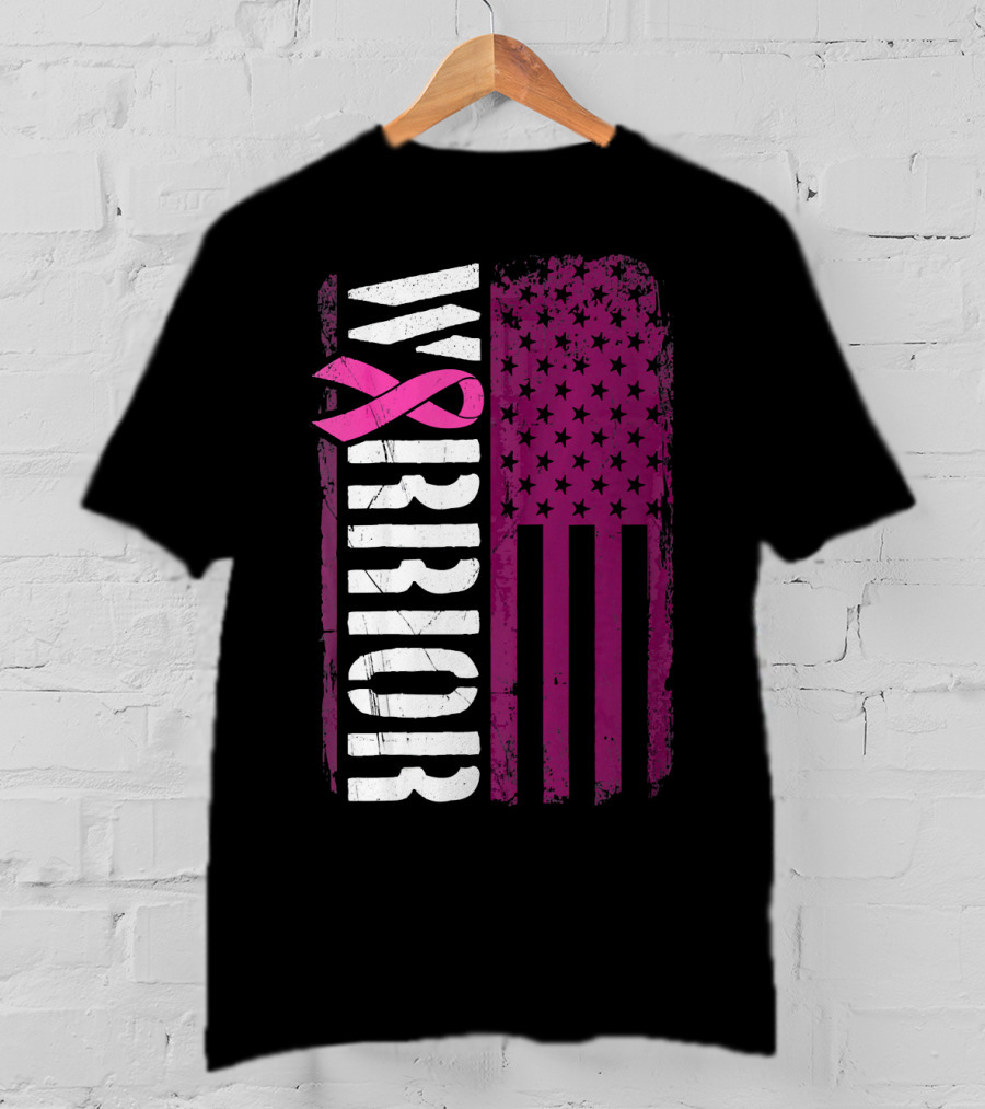WARRIOR Breast Cancer Awareness Pink Ribbon American Flag T-Shirt