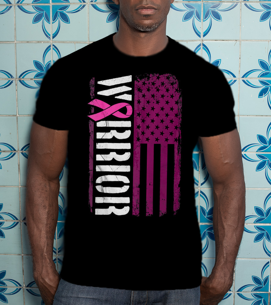 WARRIOR Breast Cancer Awareness Pink Ribbon American Flag T-Shirt