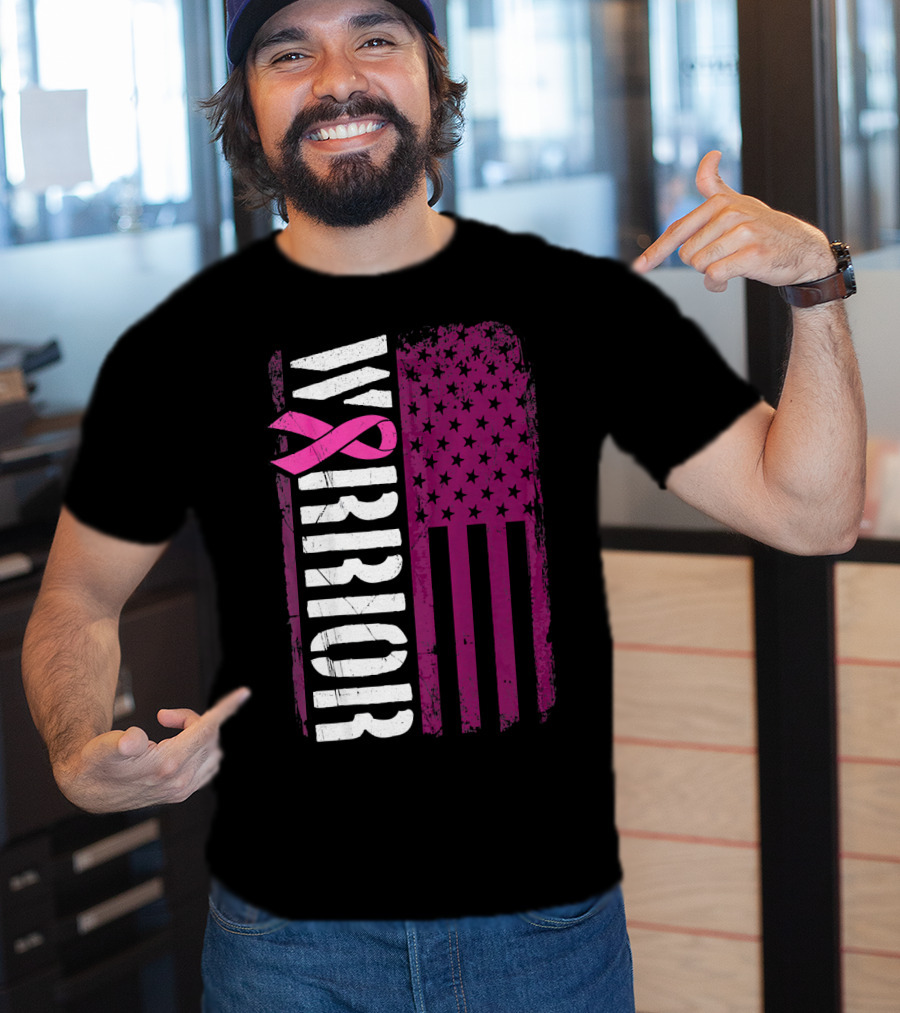 WARRIOR Breast Cancer Awareness Pink Ribbon American Flag T-Shirt
