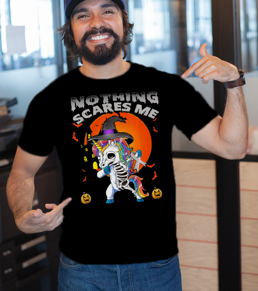 Nothing Scares Me Brain Cancer Dabbing Unicorn Skeleton T-Shirt