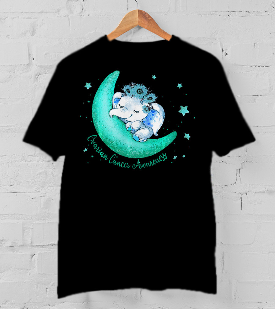 Ovarian Cancer Awareness Cute Elephant On The Moon T-Shirt