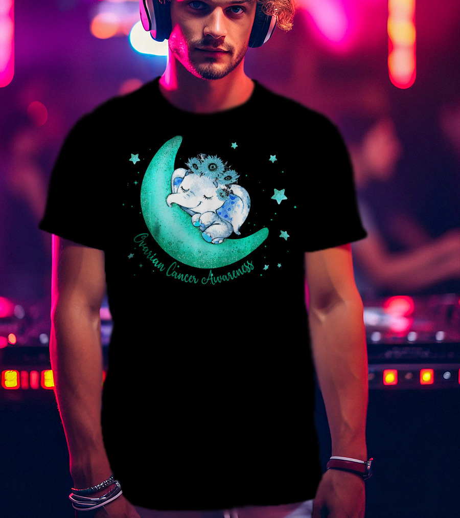 Ovarian Cancer Awareness Cute Elephant On The Moon T-Shirt