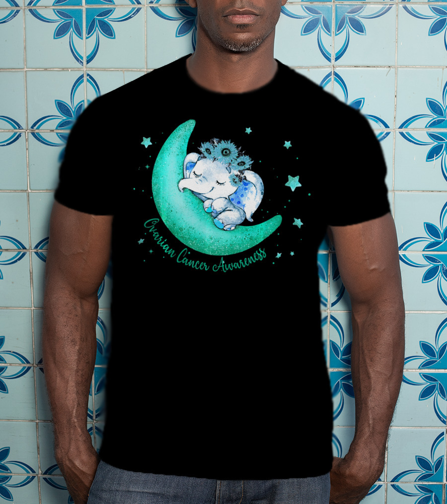 Ovarian Cancer Awareness Cute Elephant On The Moon T-Shirt