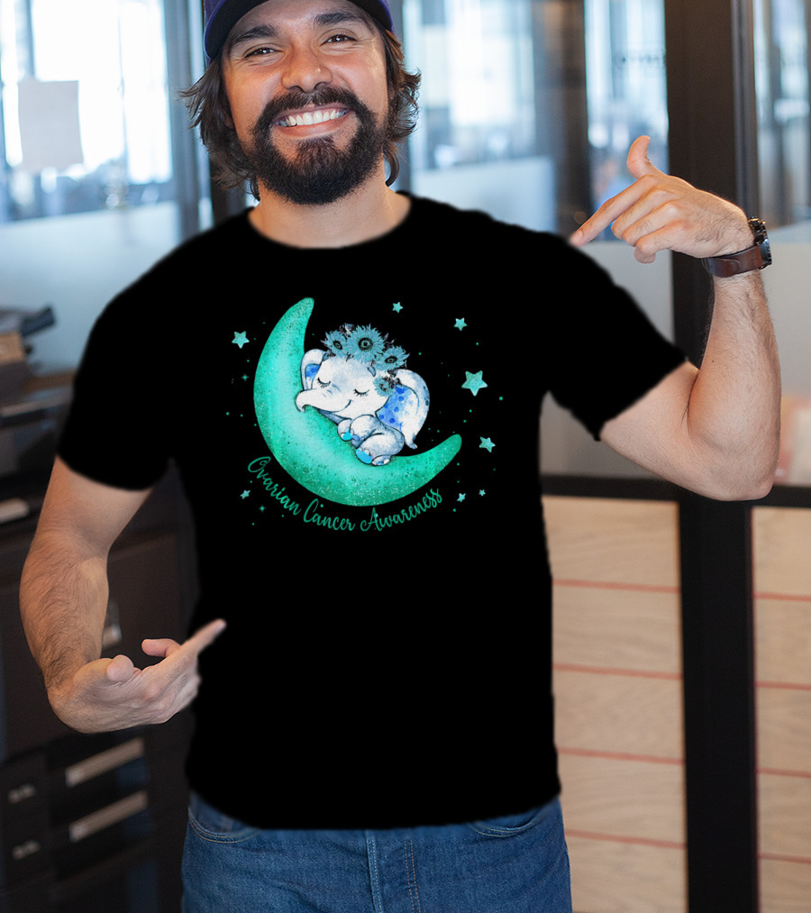 Ovarian Cancer Awareness Cute Elephant On The Moon T-Shirt