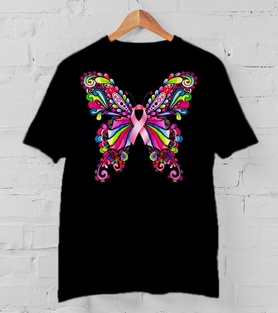 Colorful Hippie Butterfly Breast Cancer Awareness T-Shirt