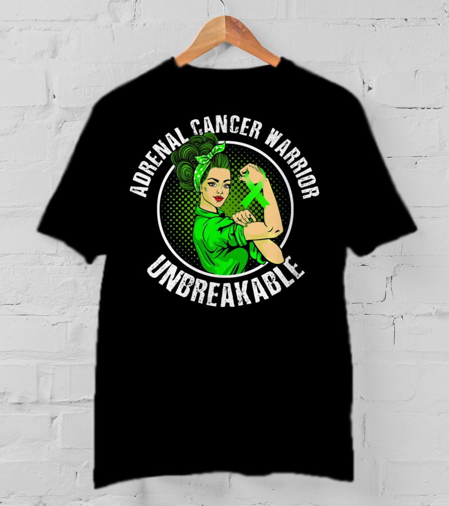 Adrenal Cancer Warrior Unbreakable Rosie The Riveter Green T-Shirt