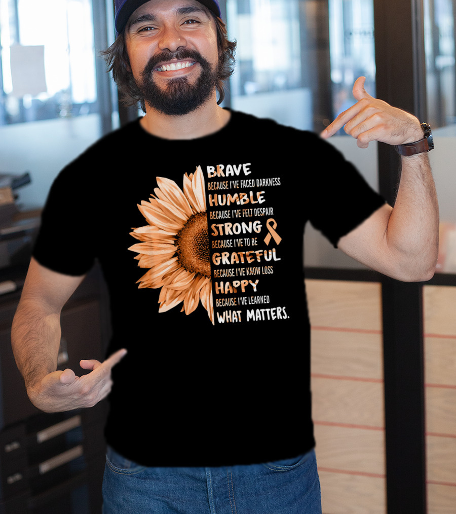 Brave Humble Strong Grateful Happy Sunflower Peach Ribbon Uterine Cancer T-Shirt